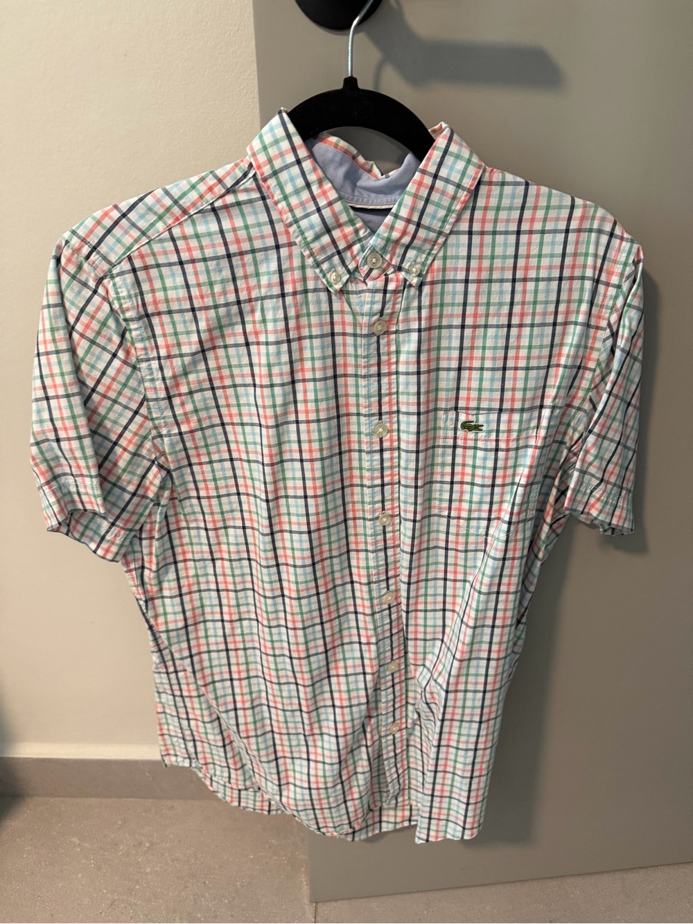 Lacoste Short-Sleeve Button-Down Plaid Shirt - White/Green/Red Size M